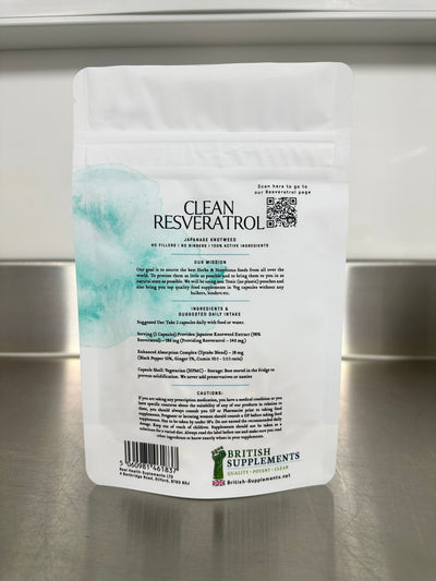Clean Genuine Trans Resveratrol 340.8mg + 38.6mg uptake blend - British Supplements